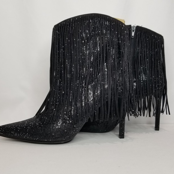 INC International Concepts Shoes - International Concepts Rhinestone Fringed Heeled Booties Size 6.5  Black NWT